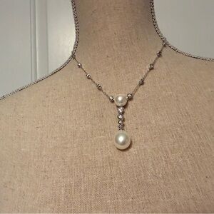 ROSS-SIMONS NEW Y NECKLACE STERLING SILVER 925 BEZEL CZ CULTURED PEARL DROP